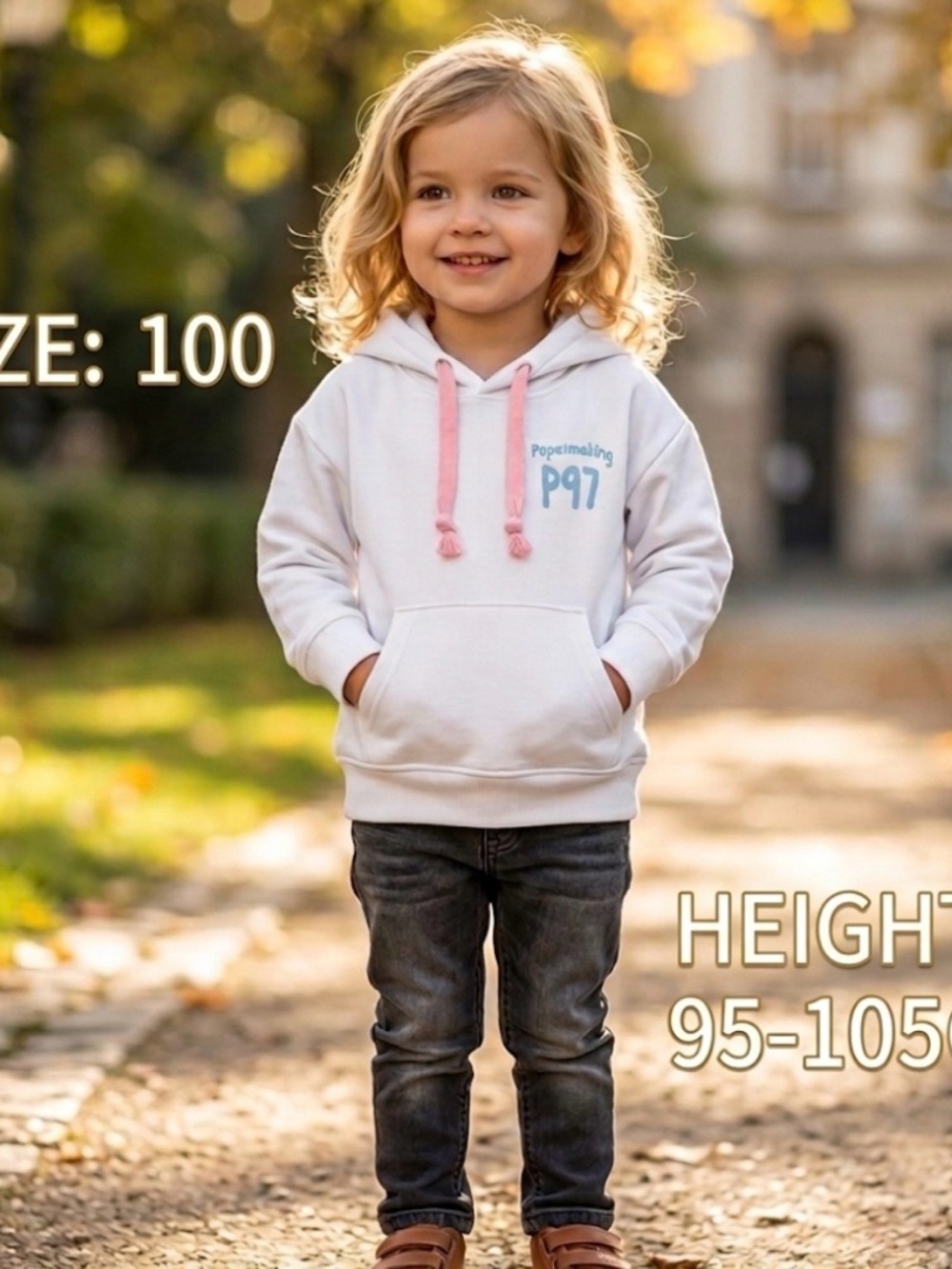 Kids White Hoodie with Pink Drawstrings and P97 Graphic